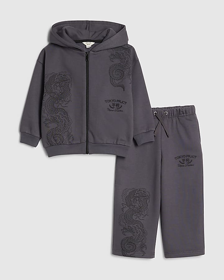 mini ragazzi grigio giapponese dragon felpa set