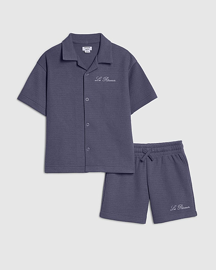 mini ragazzi blu con texture shirt set