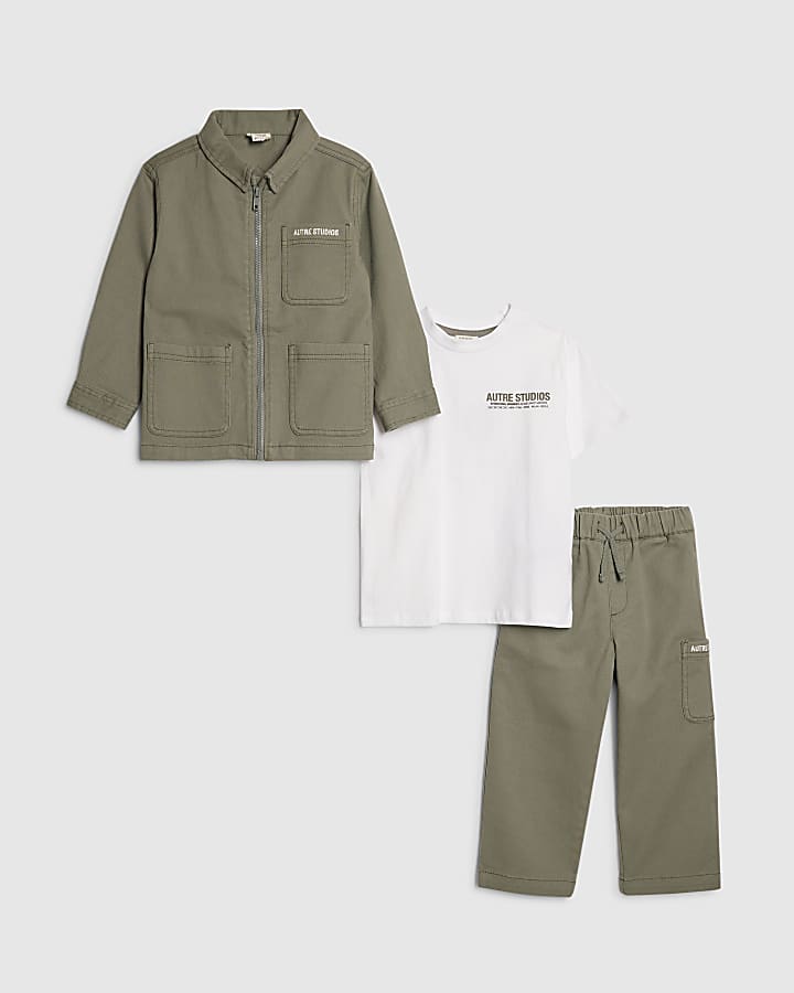 mini ragazzi verde twill shirt set di 3 pezzi