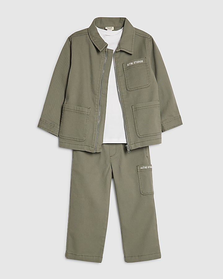 mini ragazzi verde twill shirt set di 3 pezzi