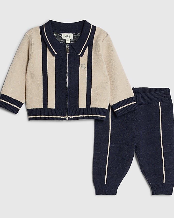 baby boys crema bloccato con zip knit set