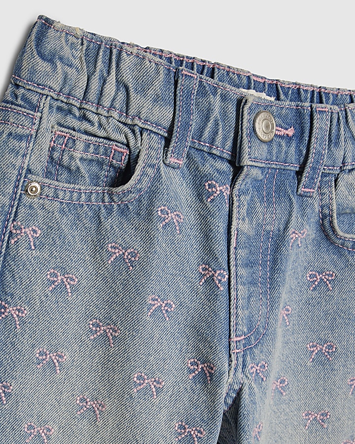 mini ragazze blu ricamato fiocco jeans