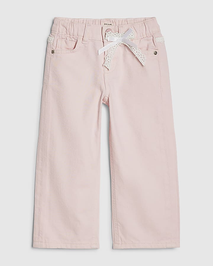 mini ragazze rosa fiocco in pizzo jeans a gamba larga