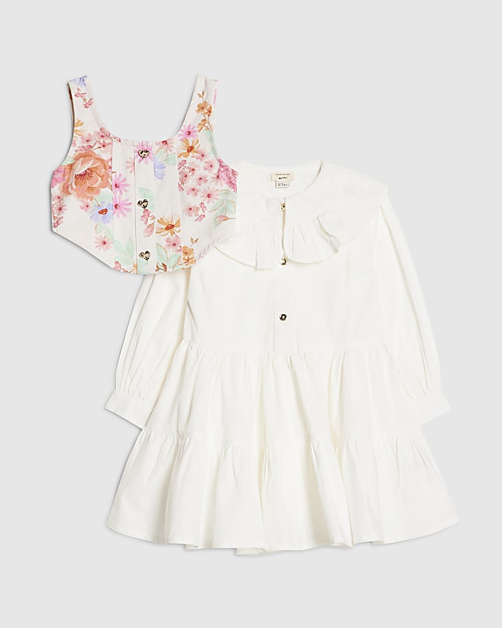 mini ragazze di fiori bianchi 2in1 shirt dress