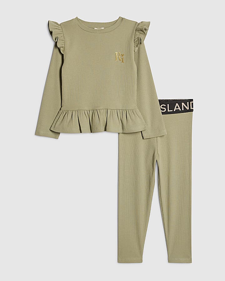 mini ragazze khaki ri fascia in vita a costine set