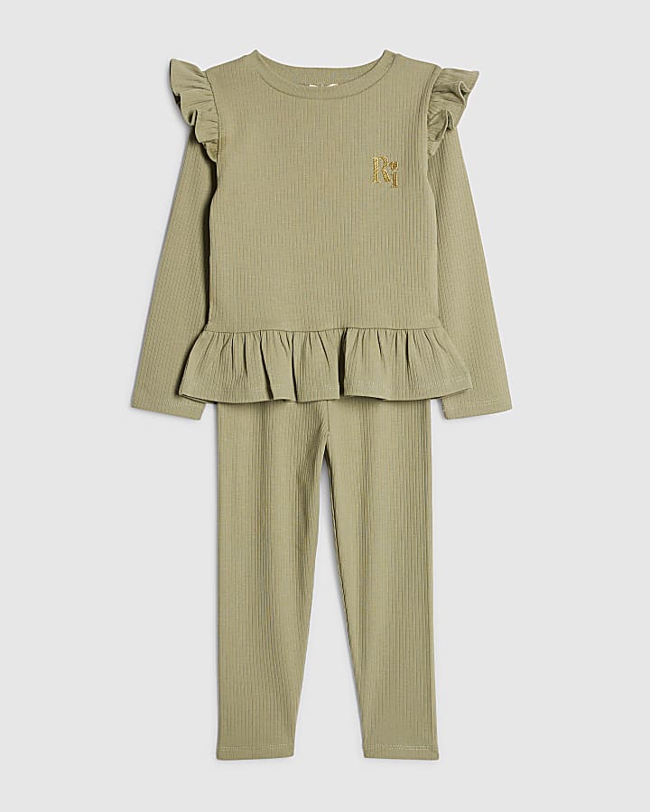mini ragazze khaki ri fascia in vita a costine set
