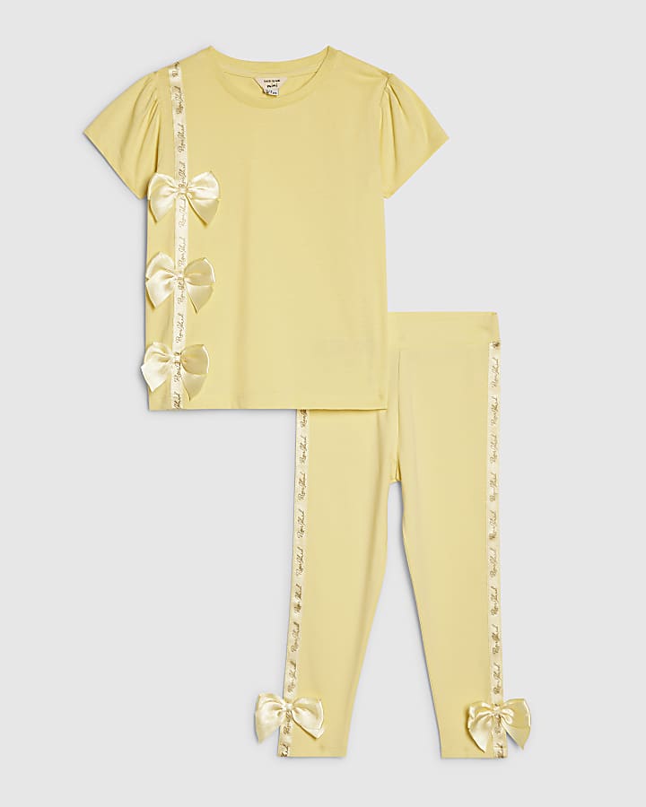 mini ragazze giallo fiocco in raso t-shirt set