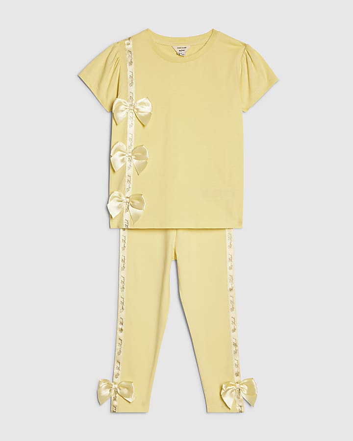 mini ragazze giallo fiocco in raso t-shirt set