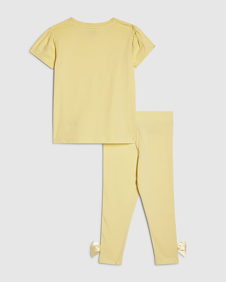mini ragazze giallo fiocco in raso t-shirt set