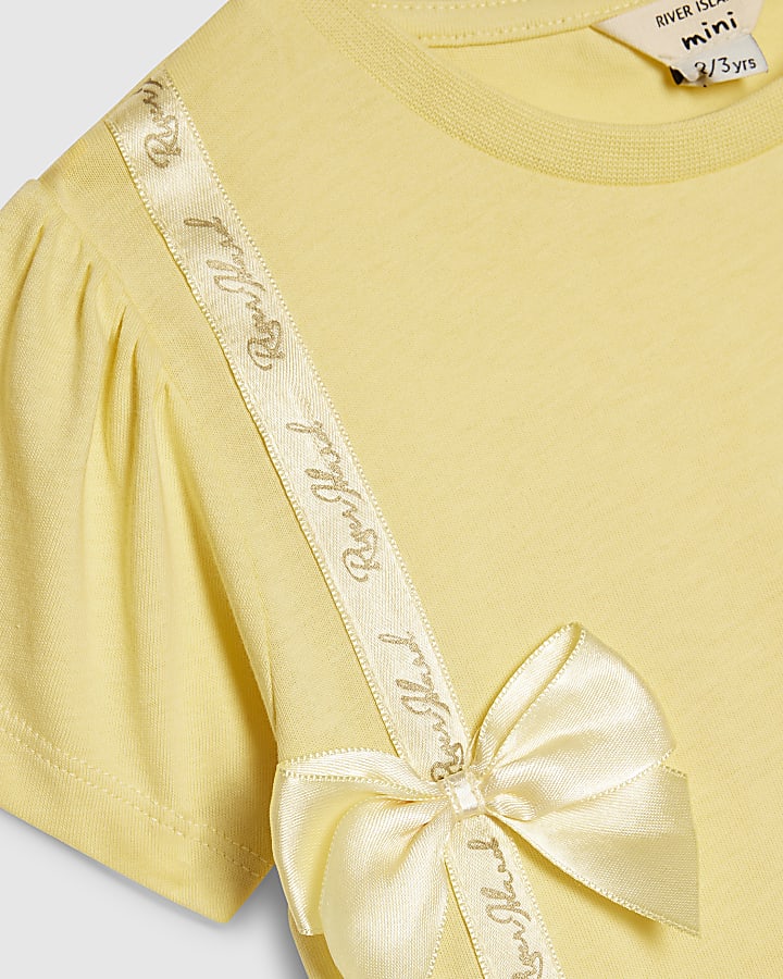 mini ragazze giallo fiocco in raso t-shirt set