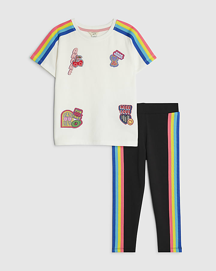 mini ragazze crema targate stripe t-shirt set
