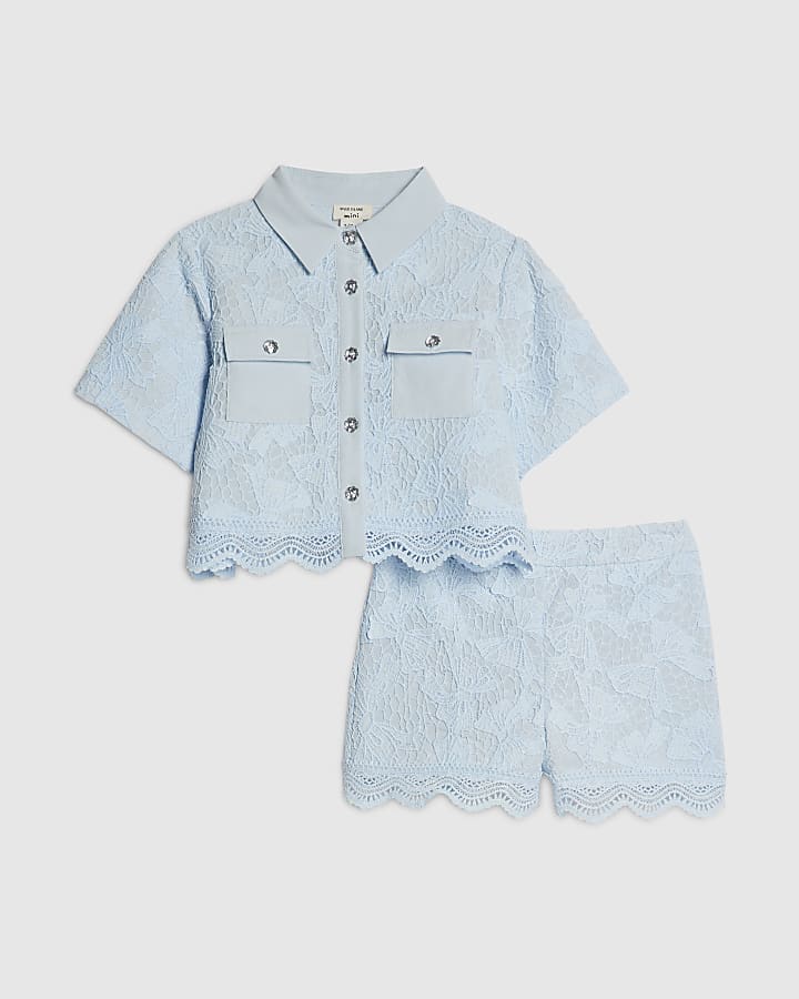 mini ragazze di pizzo blu camicetta e pantaloncini set