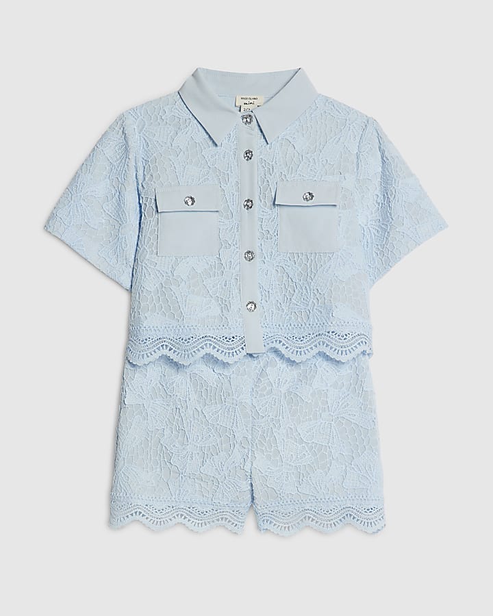 mini ragazze di pizzo blu camicetta e pantaloncini set