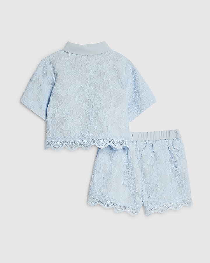mini ragazze di pizzo blu camicetta e pantaloncini set