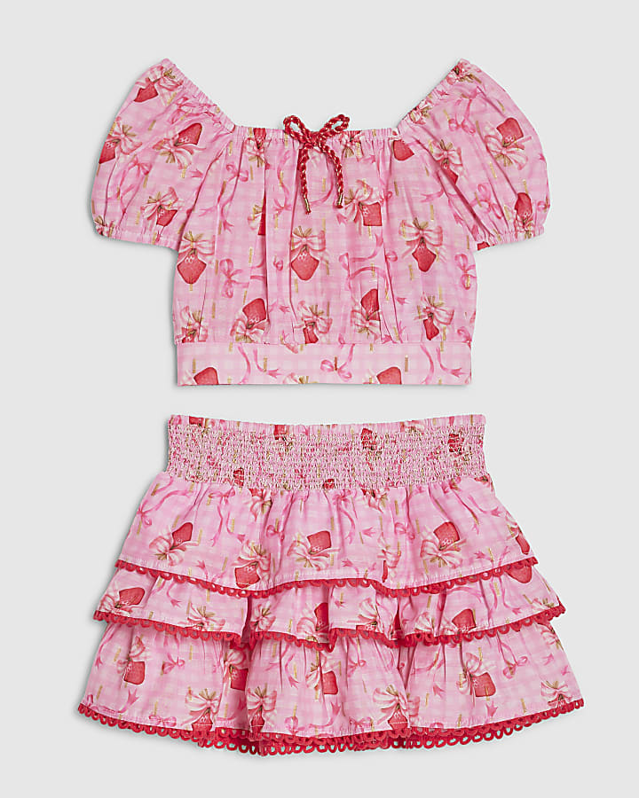 mini ragazze rosa fragola fiocco gonna set