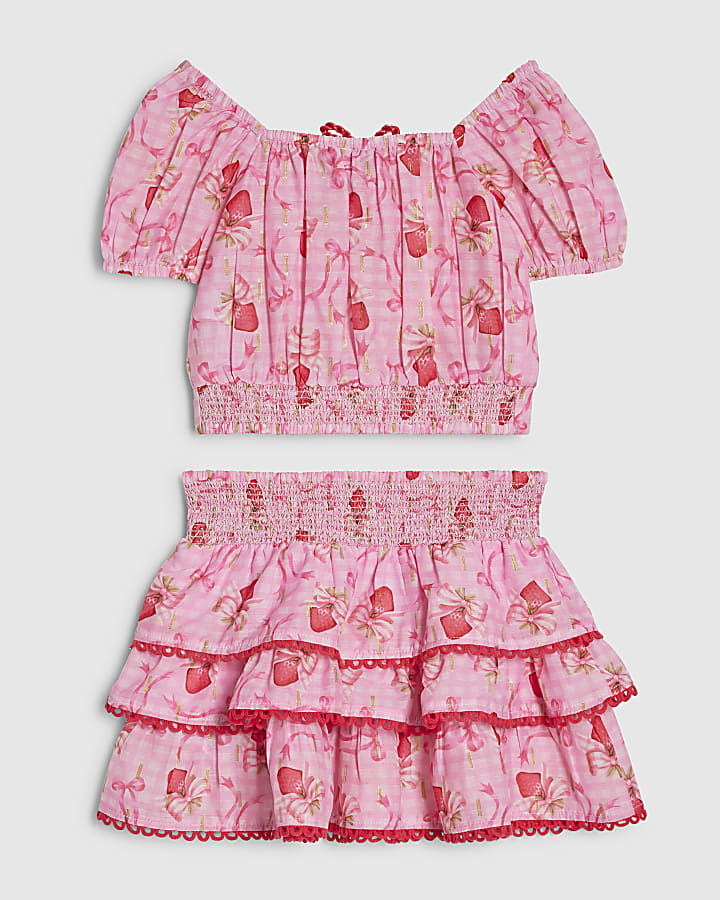 mini ragazze rosa fragola fiocco gonna set