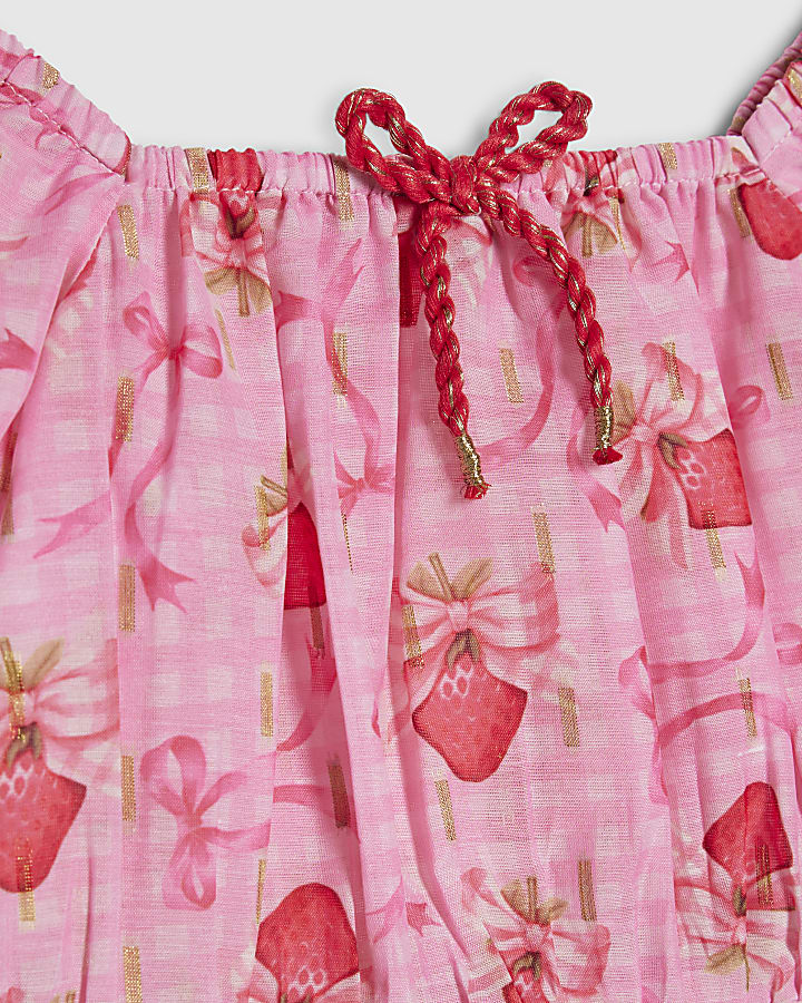 mini ragazze rosa fragola fiocco gonna set