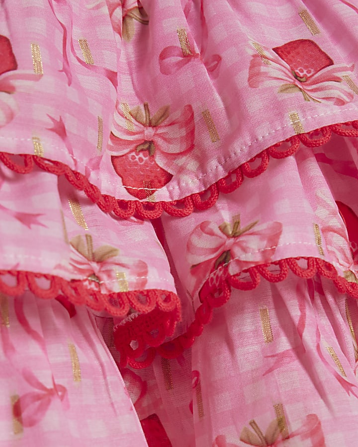 mini ragazze rosa fragola fiocco gonna set