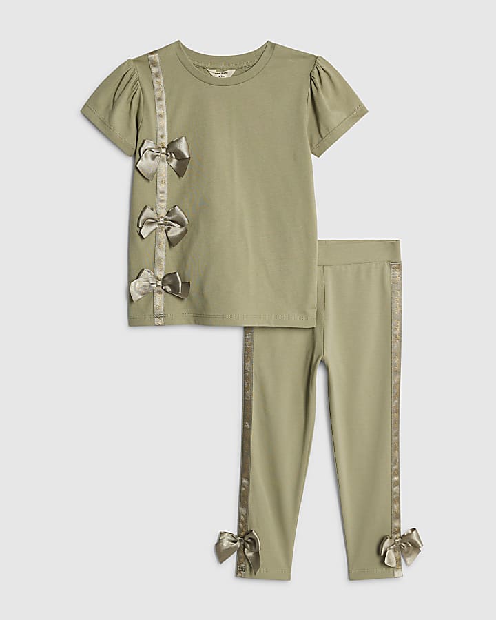 mini ragazze khaki fiocco in raso t-shirt set
