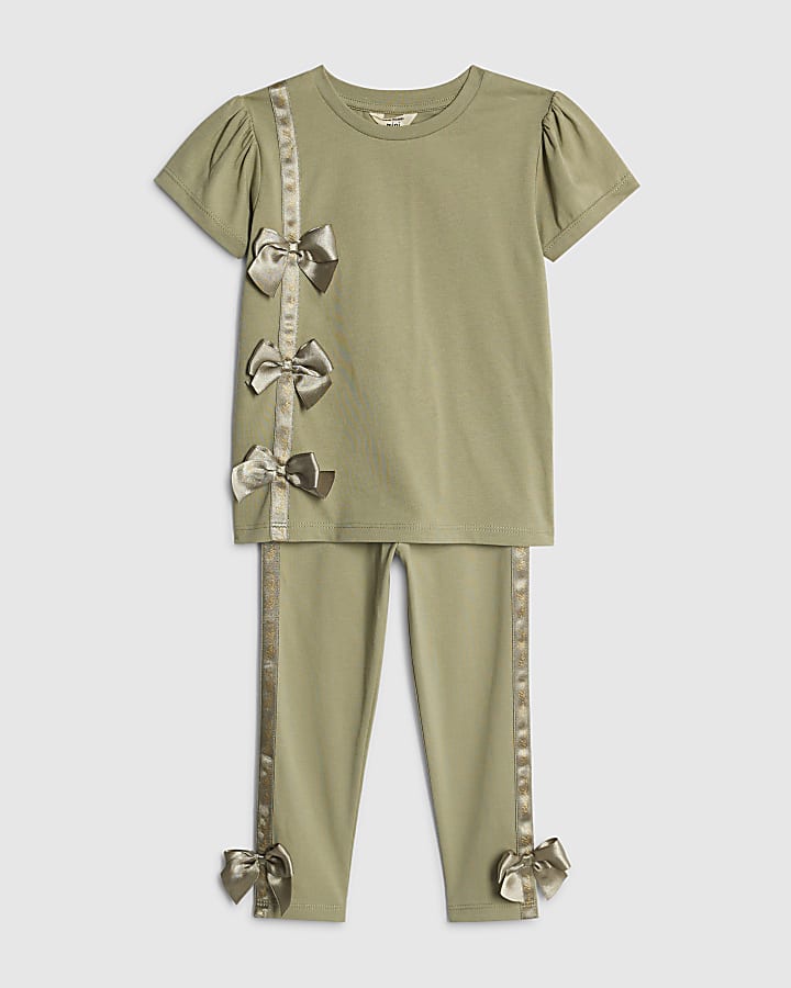 mini ragazze khaki fiocco in raso t-shirt set