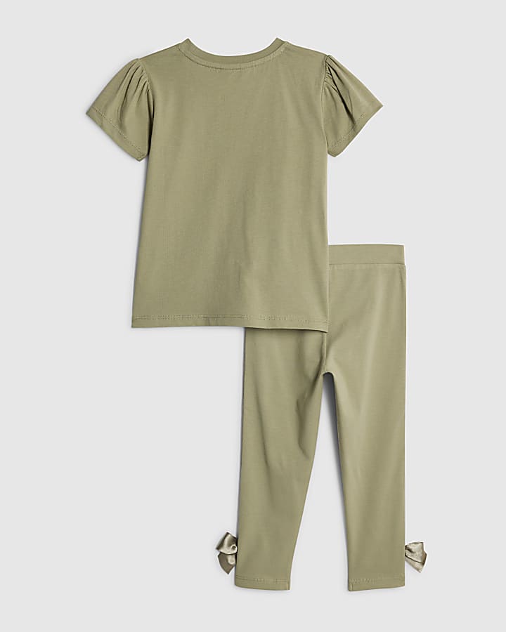 mini ragazze khaki fiocco in raso t-shirt set
