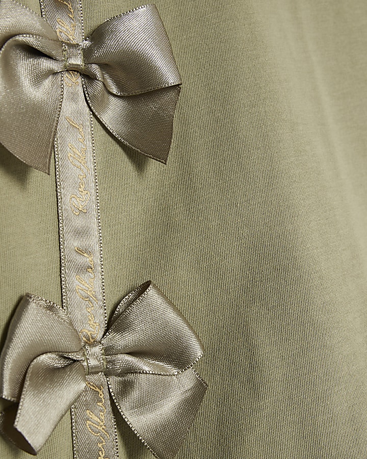 mini ragazze khaki fiocco in raso t-shirt set