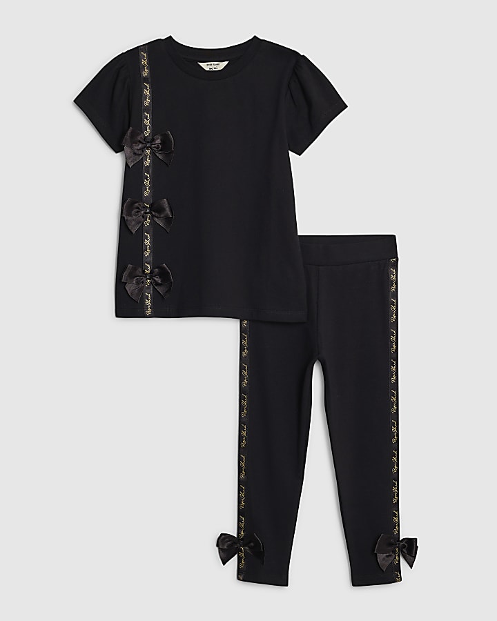 mini ragazze di raso nero con fiocco t-shirt set