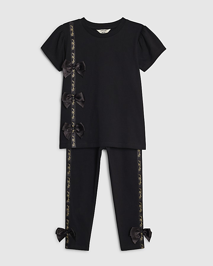 mini ragazze di raso nero con fiocco t-shirt set