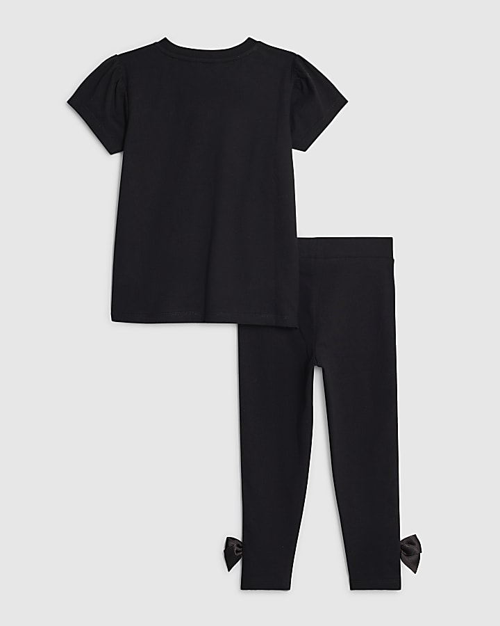 mini ragazze di raso nero con fiocco t-shirt set