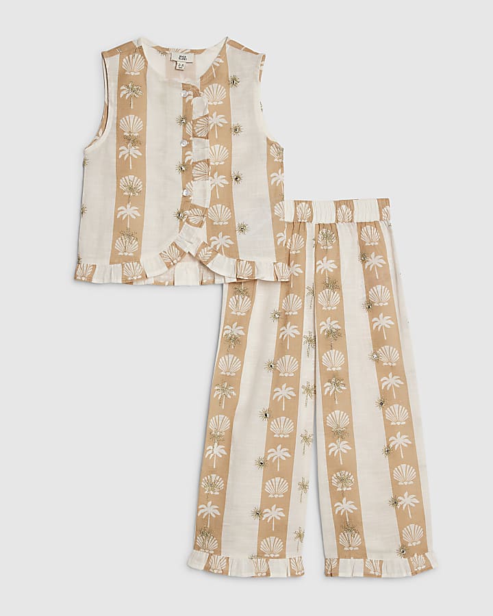 mini ragazze crema shell striscia pantaloni set