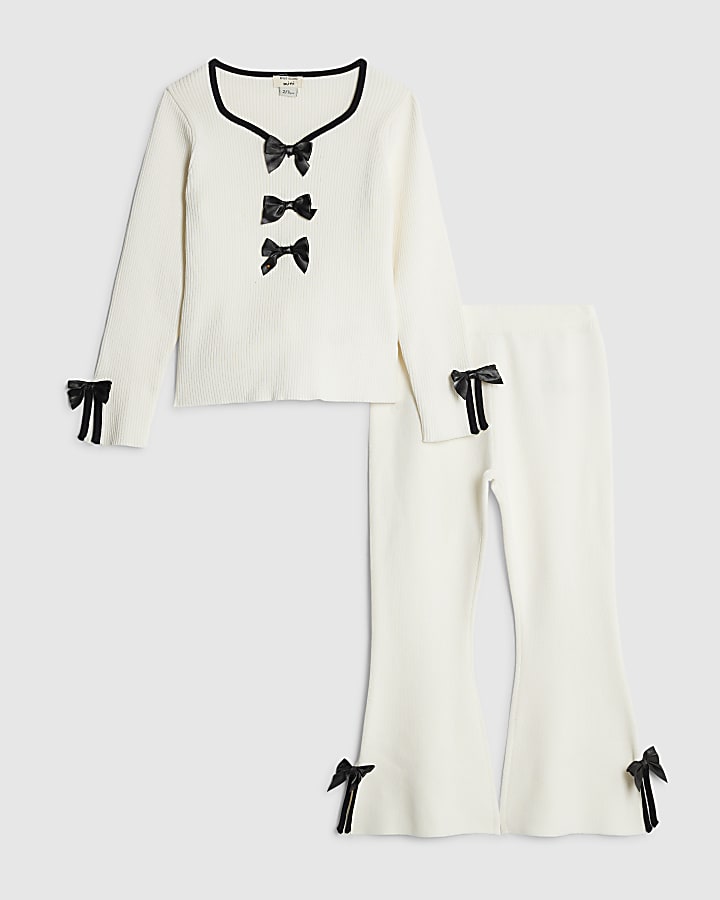 mini ragazze crema di prua pantaloni set