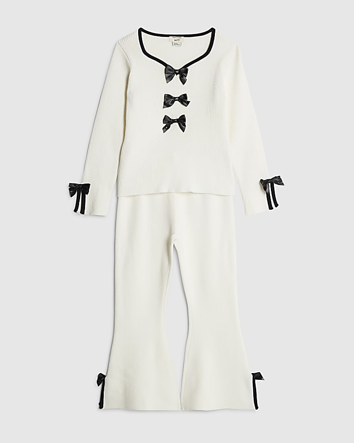 mini ragazze crema di prua pantaloni set
