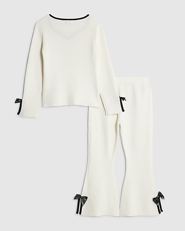 mini ragazze crema di prua pantaloni set