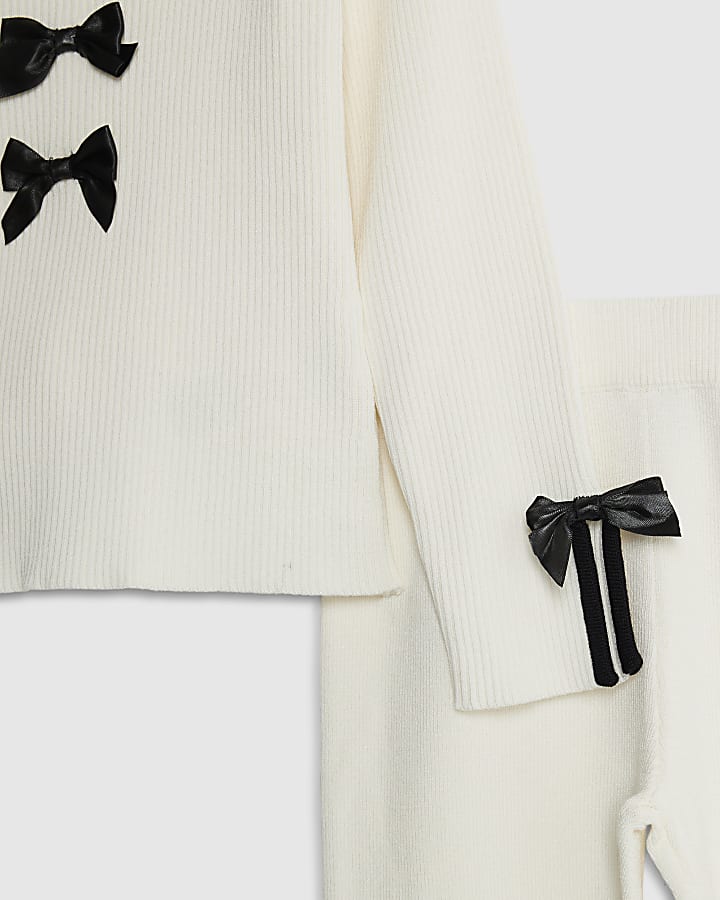 mini ragazze crema di prua pantaloni set
