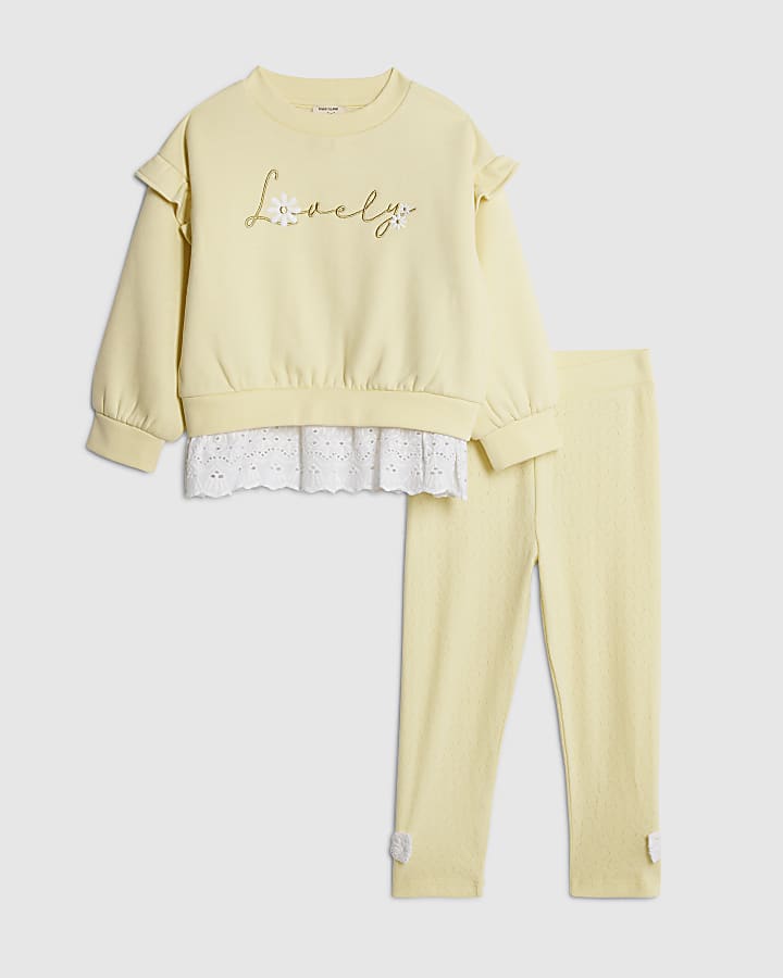 mini ragazze giallo ricamo orlo felpa set