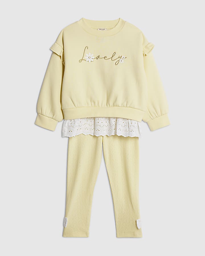 mini ragazze giallo ricamo orlo felpa set