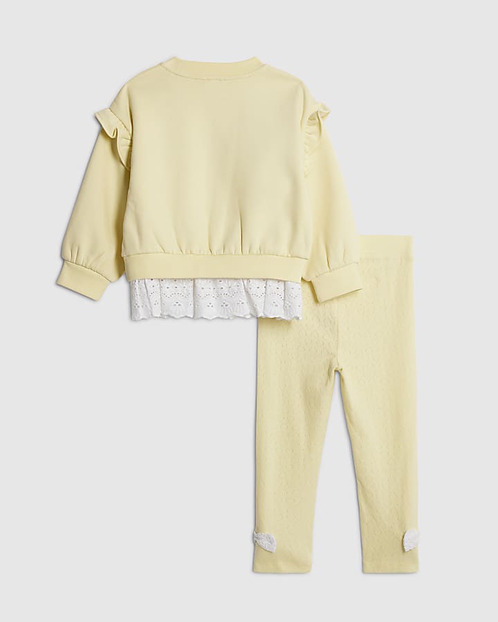mini ragazze giallo ricamo orlo felpa set