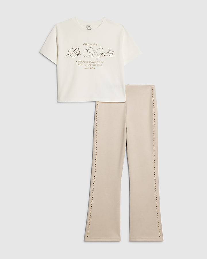 le ragazze bianco svasato finto suedette pantaloni set