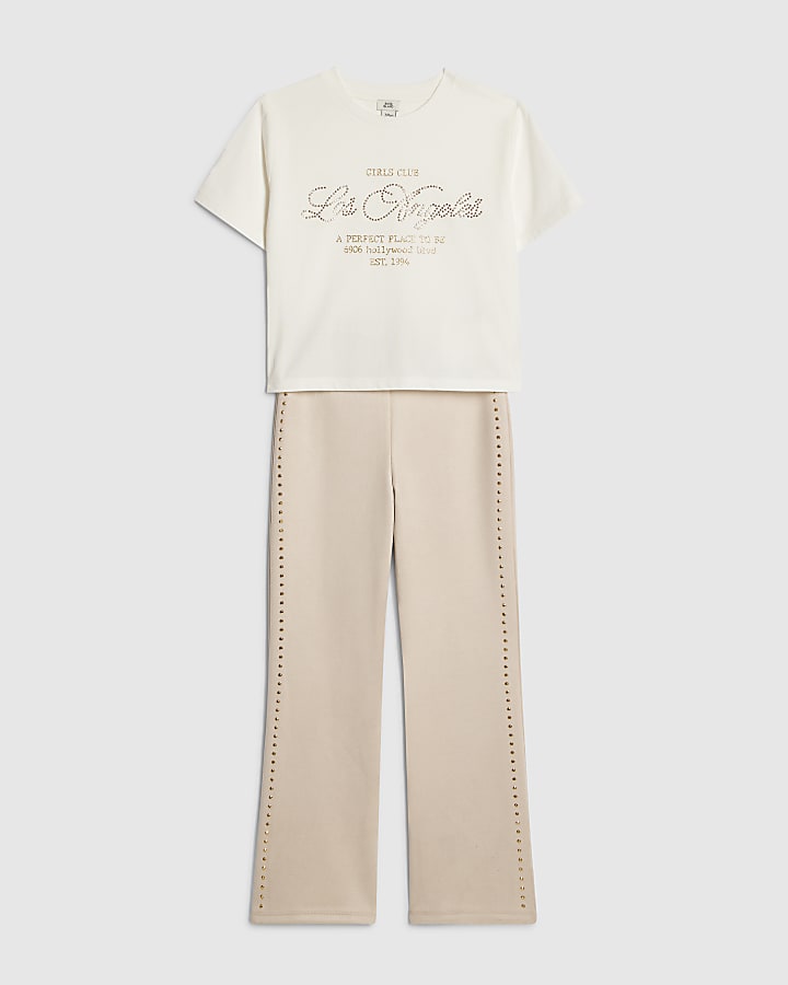 le ragazze bianco svasato finto suedette pantaloni set