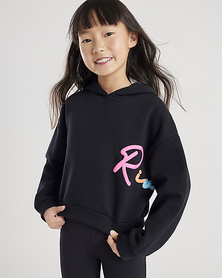 ragazze fiume nero felpa con cappuccio e pantaloni set