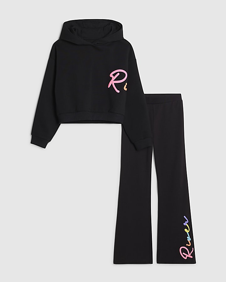 ragazze fiume nero felpa con cappuccio e pantaloni set
