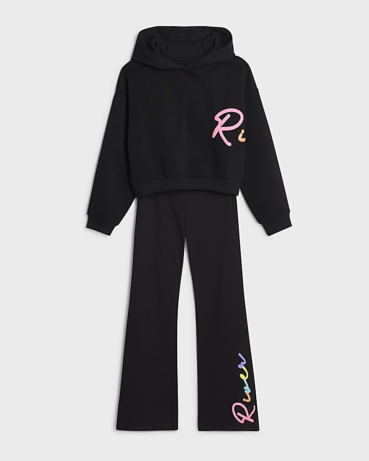 ragazze fiume nero felpa con cappuccio e pantaloni set