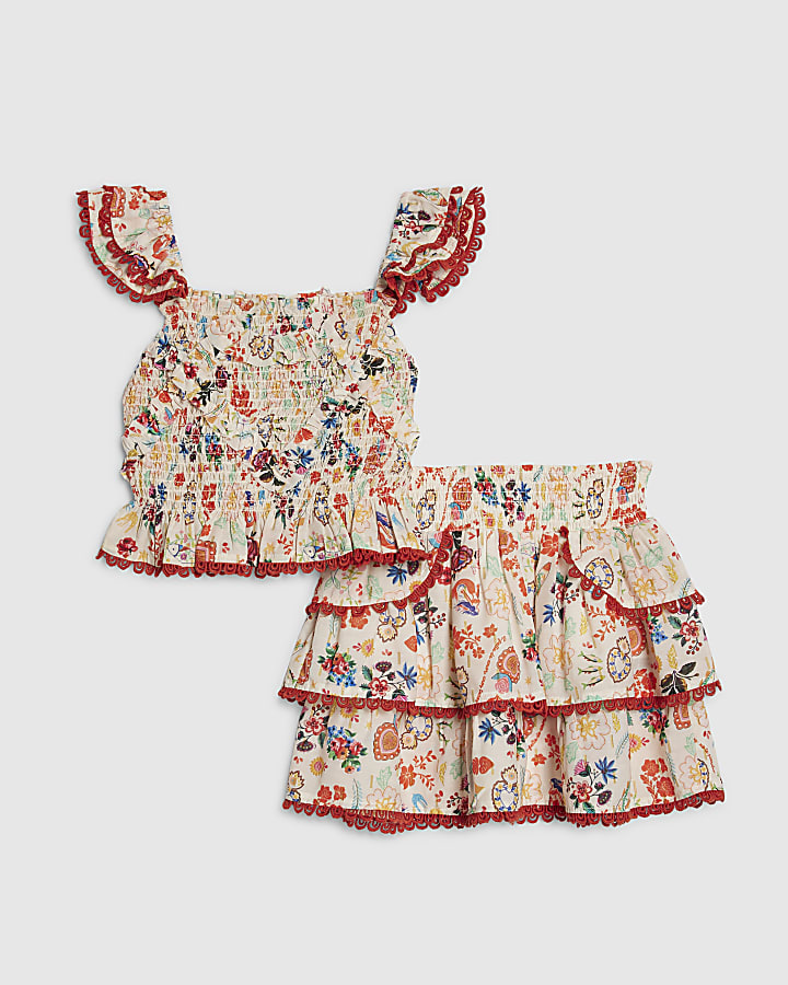 ragazze panna con stampa floreale e gonna set