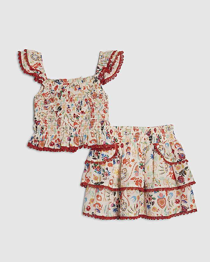 ragazze panna con stampa floreale e gonna set