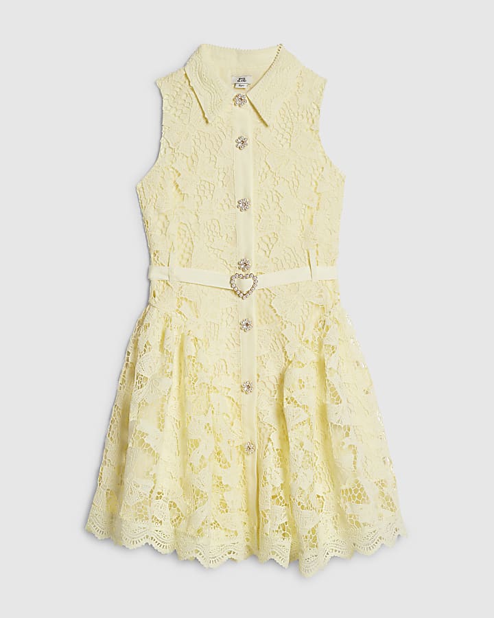 ragazze di colore giallo con fiocco in pizzo con cintura vestito
