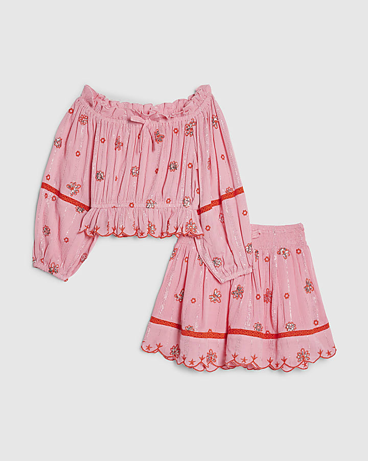 ragazze rosa ricamato specchio gonna set