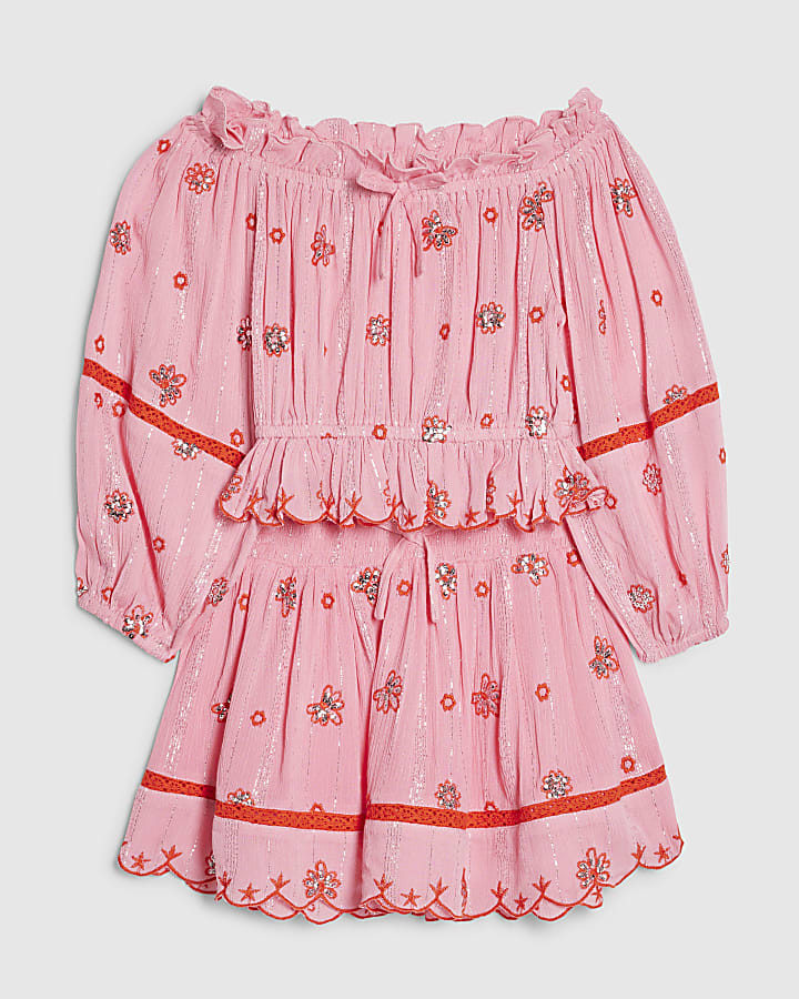 ragazze rosa ricamato specchio gonna set