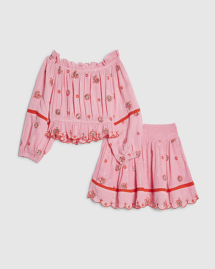 ragazze rosa ricamato specchio gonna set