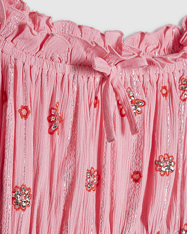 ragazze rosa ricamato specchio gonna set