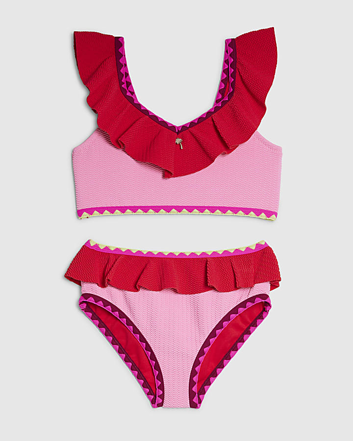 ragazze rosa con texture volant bikini set